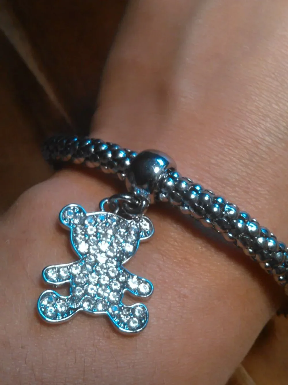 White Austrian Crystal Teddy Bear Silvertone Stretch Bracelet
